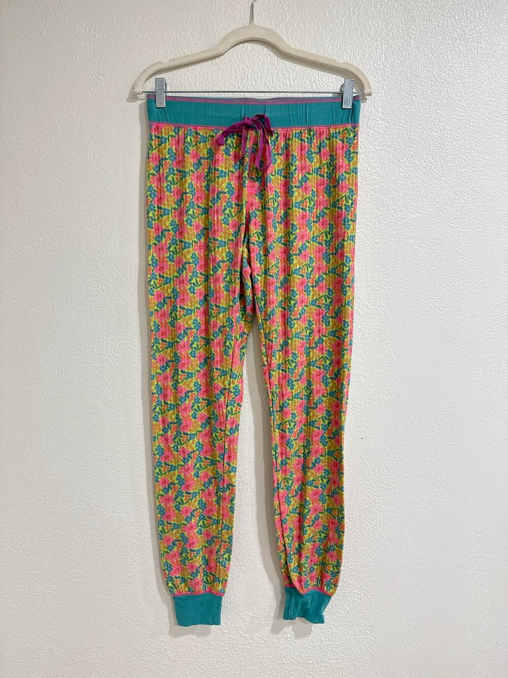 Natural Life Floral Pajama Jogger Pants Pink Teal Yellow Boho Lounge Size Medium
